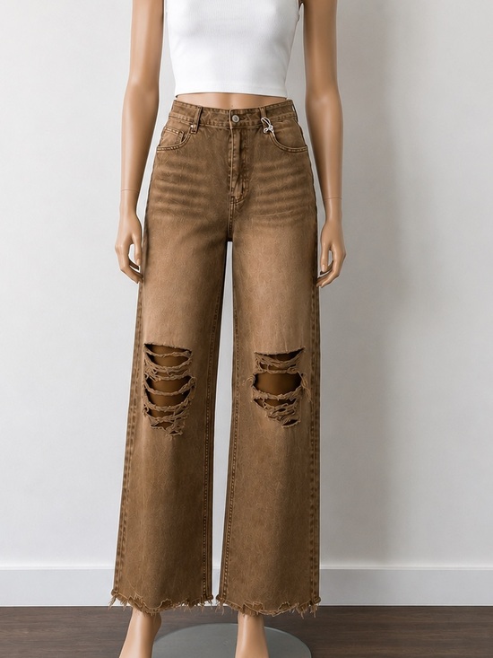 Zenana Outfitters Denim - Zenana Outfitters Brown Distressed Wide-Leg Jeans
